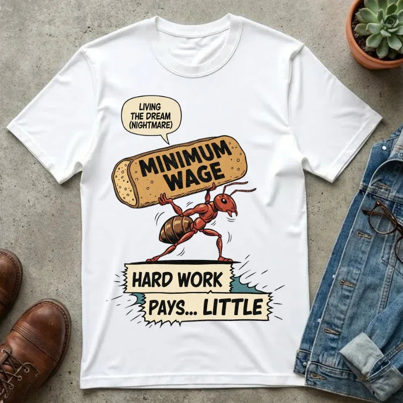 Funny Minimum Wage Shirt - Sarcastic Work Gift - "Living The Dream (Nightmare)" Ant Graphic Tee - Anti-Work Clothing - Retro Comic Style T-Shirt