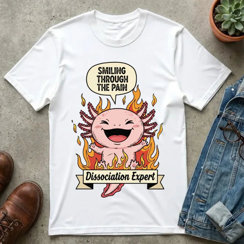 Funny Axolotl Shirt - "Dissociation Expert" Graphic Tee - Smiling Through The Pain Shirt - Mental Health Dark Humor Gift - Vintage Comfort Colors Style Oversized Top