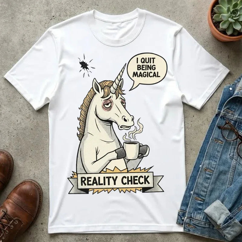 Funny Unicorn Shirt - "I Quit Being Magical" Tee - Tired Coffee Lover Gift - Vintage Style Sarcastic T-Shirt - Reality Check Graphic - Adulting Burnout Apparel