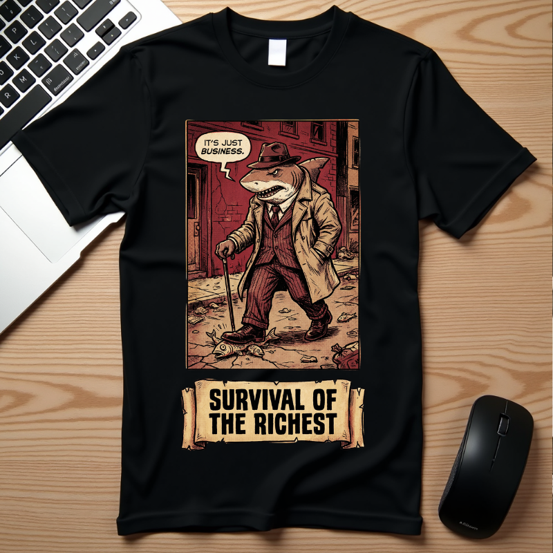 Survival of the Richest Shirt Vintage Business Shark Tee Retro Comic Style Satirical Graphic Top Dark Humor Mafia Art Gift
