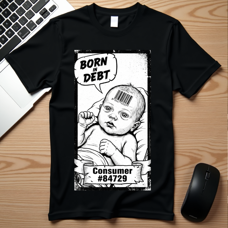Born In Debt Shirt Social Satire Tee Anti Capitalism Gift Edgy Grunge Clothing Consumerism Barcode Graphic Retro Comic Art Shirt
