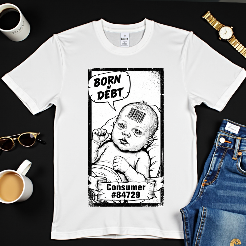 Born In Debt Shirt Social Satire Tee Anti Capitalism Gift Edgy Grunge Clothing Consumerism Barcode Graphic Retro Comic Art Shirt