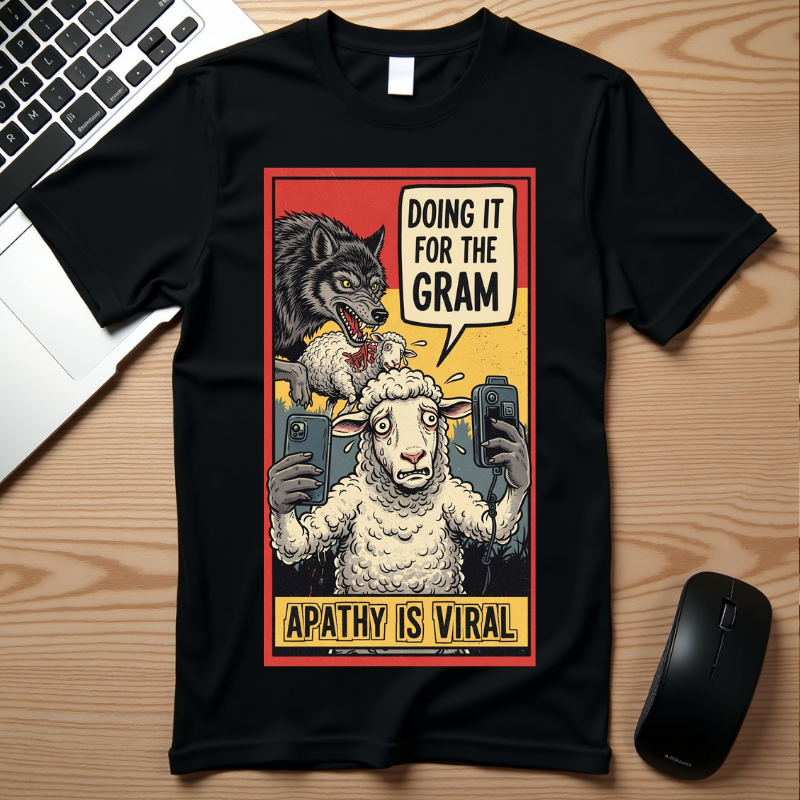 Doing It For The Gram Shirt Apathy Is Viral Satire Tee Social Media Critic Gift Wolf and Sheep Graphic Retro Aesthetic Edgy Apparel