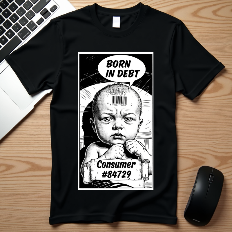 Born in Debt T-Shirt Satirical Consumer Barcode Graphic Tee Dark Humor Social Justice Gift Edgy Political Shirt Vintage Aesthetic Apparel