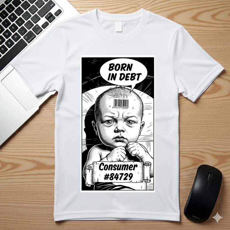 Born in Debt T-Shirt Satirical Consumer Barcode Graphic Tee Dark Humor Social Justice Gift Edgy Political Shirt Vintage Aesthetic Apparel