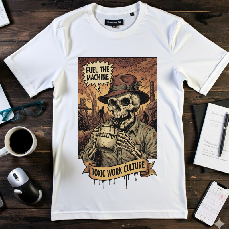 Fuel The Machine Shirt Vintage Skeleton Graphic Tee Anti Work Culture Satire Gift Funny Productivity Burnout T-Shirt Retro Industrial Grunge