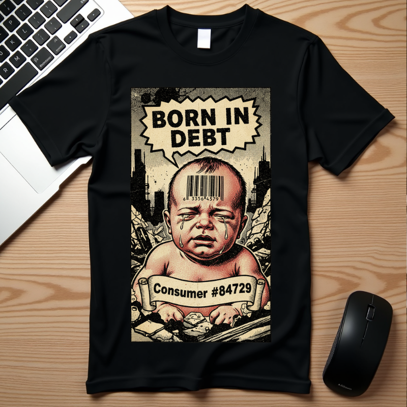 Born In Debt Shirt Vintage Comic Graphic Tee Anti Capitalism Satire Social Commentary Gift Retro Consumerism Dark Humor Streetwear T-Shirt