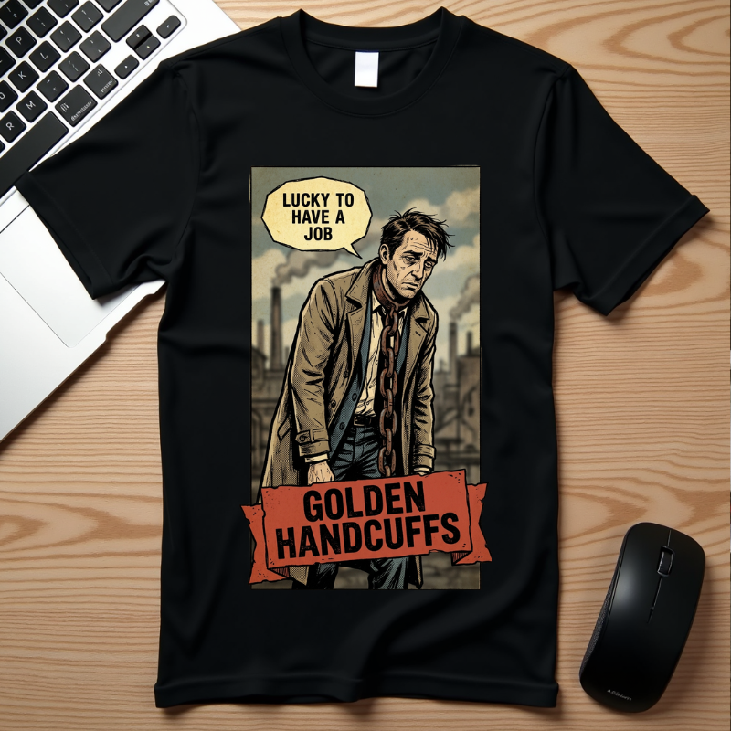 Golden Handcuffs Vintage Comic Shirt Sarcastic Work Humor Tee Retro Anti Work Gift Corporate Slave Aesthetic Tshirt Industrial GrungeGraphic