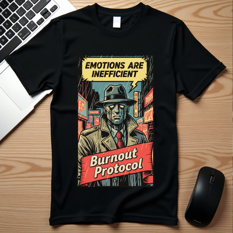 Burnout Protocol Vintage Comic Shirt Retro Robot Detective Graphic Tee Sarcastic Android Art Gift for Tech Workers Software Engineer Noir