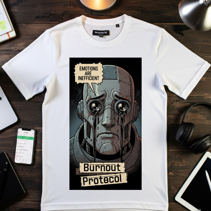 Burnout Protocol Robot Shirt Retro Comic Graphic Tee Sarcastic Android Emotions Are Inefficient Top Vintage Tech Gift for Engineers