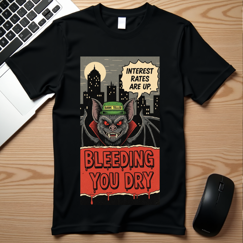Interest Rates Are Up Shirt Bleeding You Dry Vampire Bank Teller Tee Retro Horror Comic Finance Humor Sarcastic Banking System Graphic