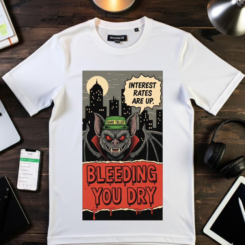 Interest Rates Are Up Shirt Bleeding You Dry Vampire Bank Teller Tee Retro Horror Comic Finance Humor Sarcastic Banking System Graphic
