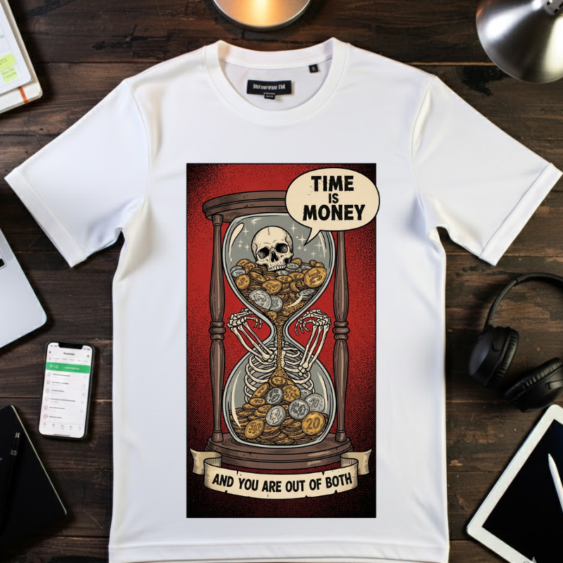 Time is Money and You Are Out of Both Skeleton T-Shirt Vintage Hourglass Skull Graphic Tee Dark Humor Sarcastic Aesthetic Shirt