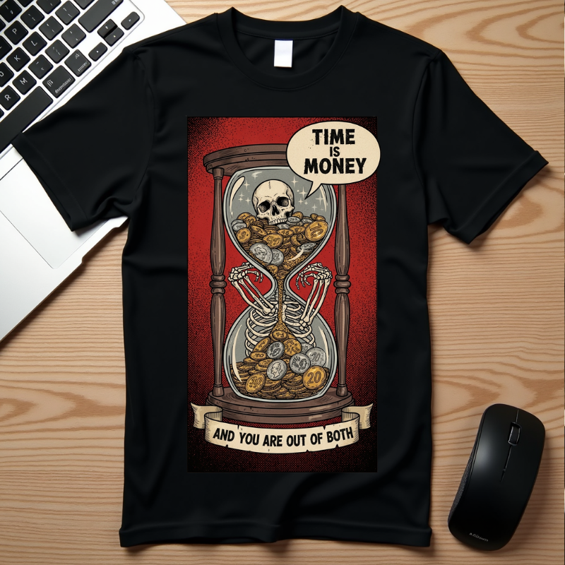 Time is Money and You Are Out of Both Skeleton T-Shirt Vintage Hourglass Skull Graphic Tee Dark Humor Sarcastic Aesthetic Shirt
