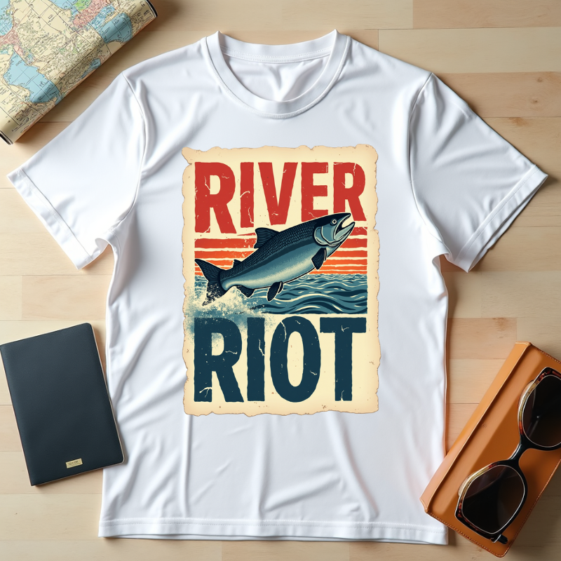 River Riot Salmon T-Shirt, Retro Fishing Graphic Tee, Vintage Fish Poster Design, Leaping Salmon Sunburst Stripes, Unisex Garment-Dyed