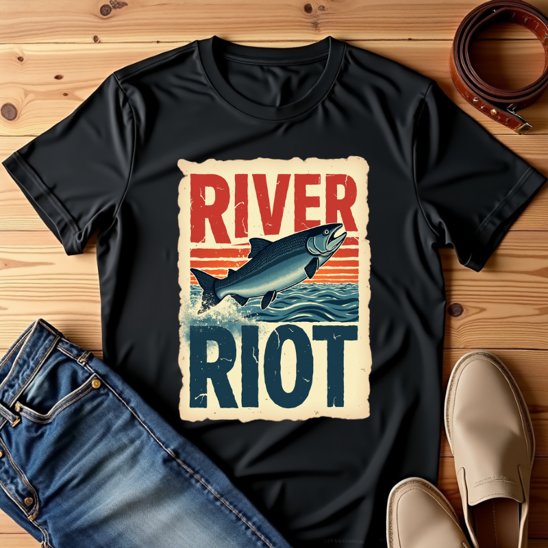 River Riot Salmon T-Shirt, Retro Fishing Graphic Tee, Vintage Fish Poster Design, Leaping Salmon Sunburst Stripes, Unisex Garment-Dyed