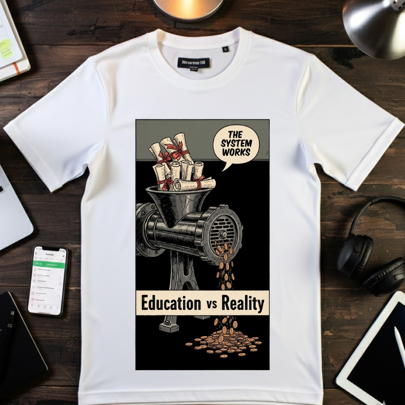 Education vs Reality Vintage T-Shirt Satirical Social Commentary Graphic Tee The System Works Aesthetic Dark Humor Shirt