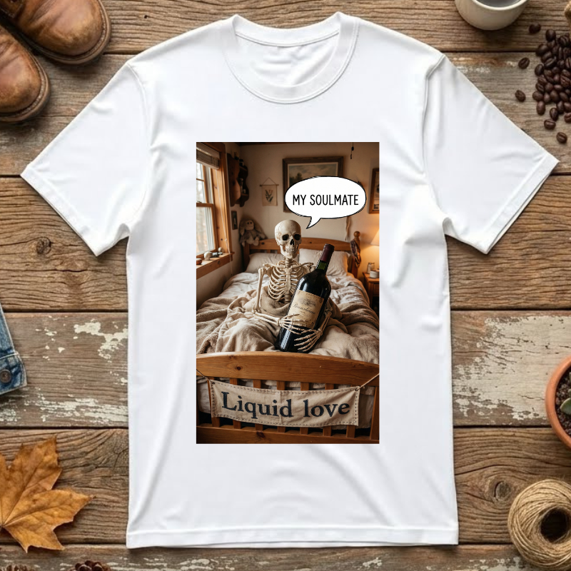 Liquid Love Skeleton Wine Shirt - Funny Soulmate Gift - Dark Humor T-Shirt - Gothic Cottagecore Graphic Tee - Sarcastic Wine Enthusiast Apparel
