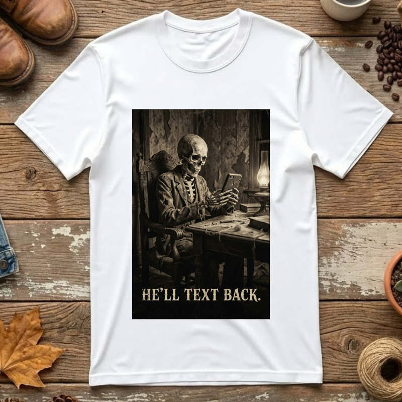 💀 He'll Text Back Skeleton T-Shirt - Funny Dark Humor Tee - Vintage Gothic Horror Shirt - Waiting for a Reply Skeleton Art - Relatable Sarcastic Aesthetic Clothing