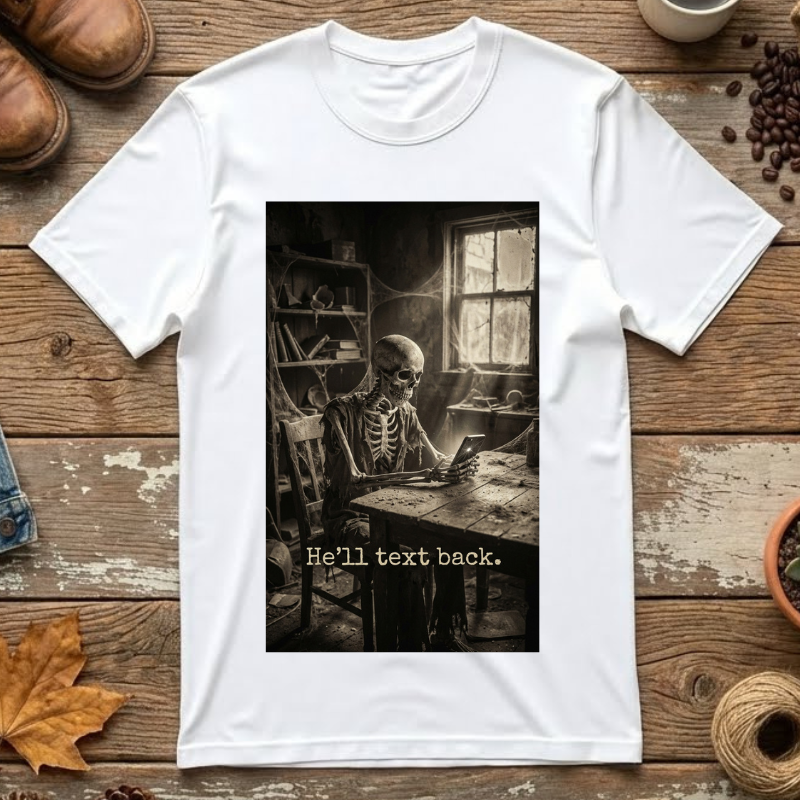 He'll Text Back Skeleton T-Shirt - Vintage Dark Humor Tee - Funny Gothic Horror Graphic Shirt - Relatable Sarcastic Ghosting Gift - Retro Aesthetic Apparel