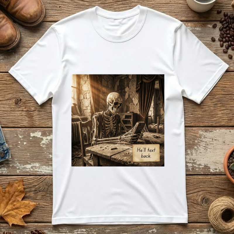 He’ll Text Back Skeleton T-Shirt — Funny Waiting Halloween Tee