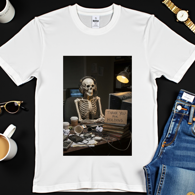 Thank You For Holding Shirt - Skeleton Customer Service Tee - Funny Call Center Humor - Sarcastic Work From Home Gift - Vintage Dark Humor