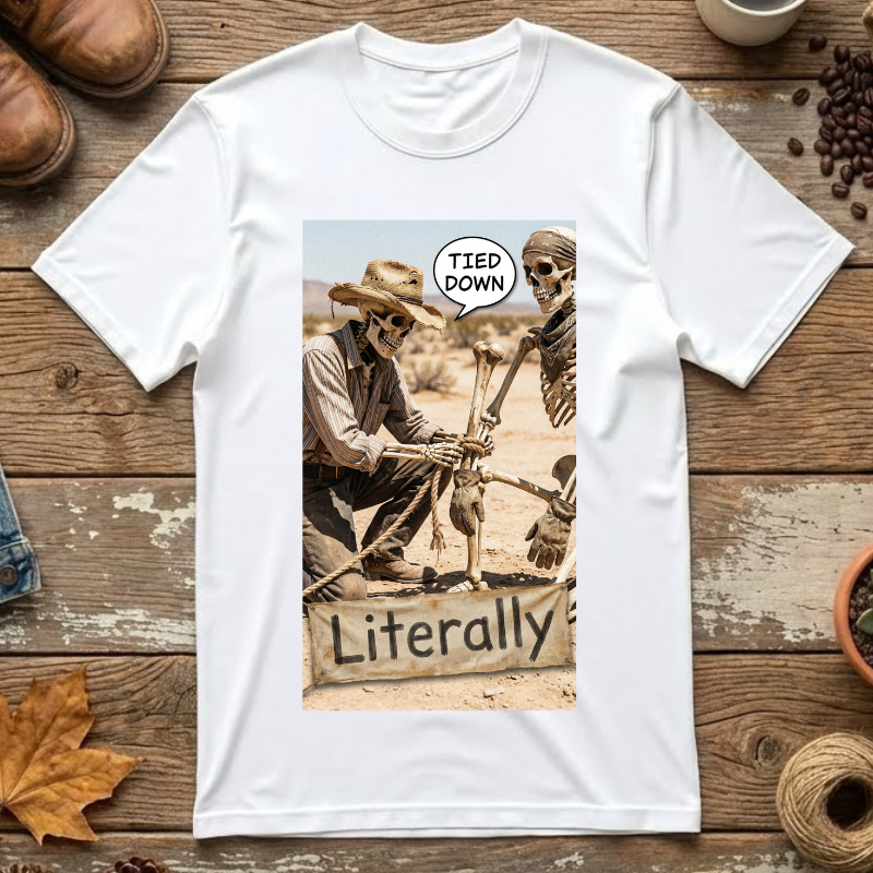 Tied Down Literally T-Shirt - Funny Cowboy Skeleton Shirt - Western Pun Tee - Sarcastic Desert Aesthetic Graphic - Vintage Cowboy Gift