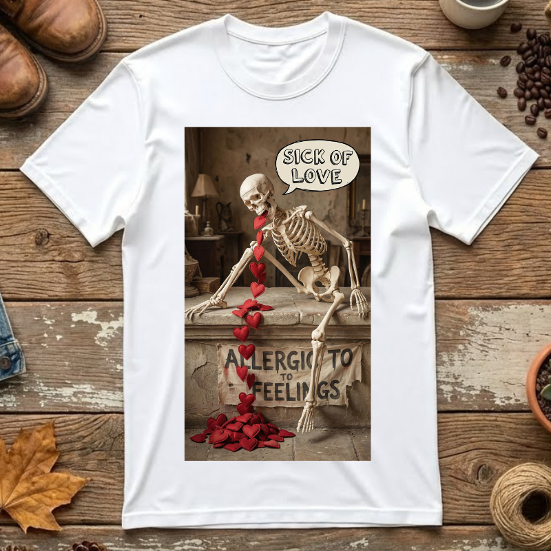 Sick of Love Skeleton T-Shirt - Allergic to Feelings Anti-Valentine Tee - Funny Dark Humor Graphic Shirt - Sarcastic Skeleton Gift