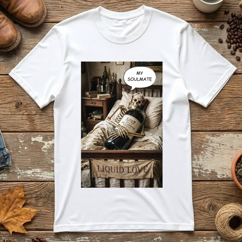 My Soulmate Liquid Love T-Shirt - Funny Wine Skeleton Shirt - Sarcastic Alcohol Pun Tee - Vintage Wine Lover Gift - Aesthetic Skeleton Graphic
