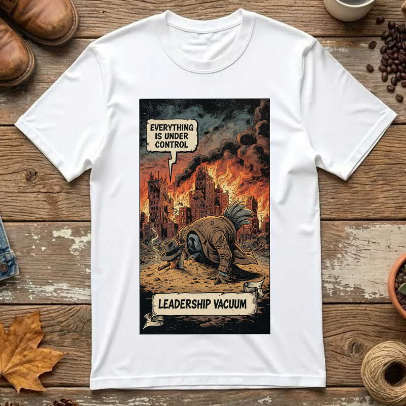Leadership Vacuum T-Shirt - Funny Corporate Satire Tee - Head in Sand Ostrich Shirt - Sarcastic Management Humor Gift - Vintage Comic Style