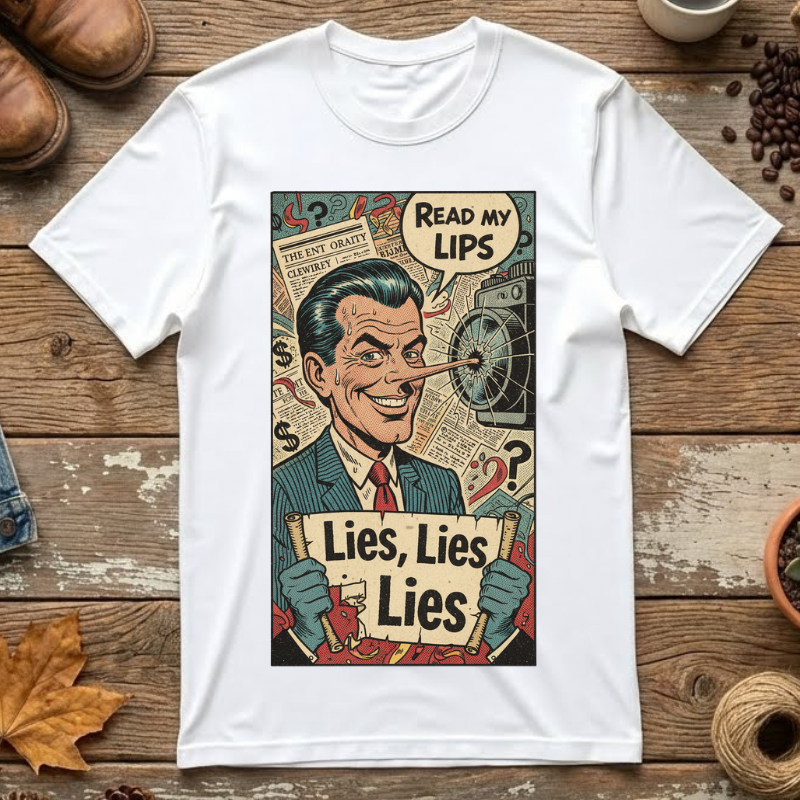 Lies Lies Lies T-Shirt - Read My Lips Satire Tee - Funny Pinocchio Political Shirt - Vintage Comic Graphic - Sarcastic Truth Tee