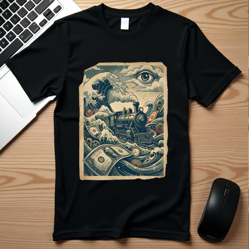 Financial Tsunami T-Shirt - Steam Train Economic Crisis Tee - Vintage Surrealist Satire Shirt - Sarcastic Money Wave Graphic