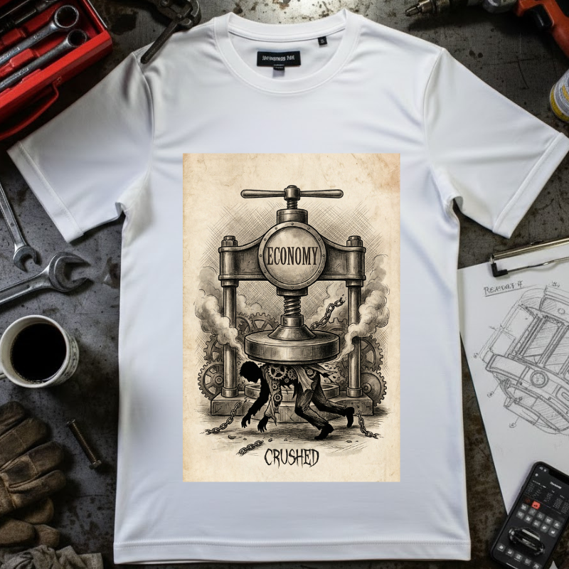 Vintage Economy Press T-Shirt | Retro Industrial Satire Tee | Dark Academia Social Comment Art Shirt | Gift for Philosophy & Economics Lovers"