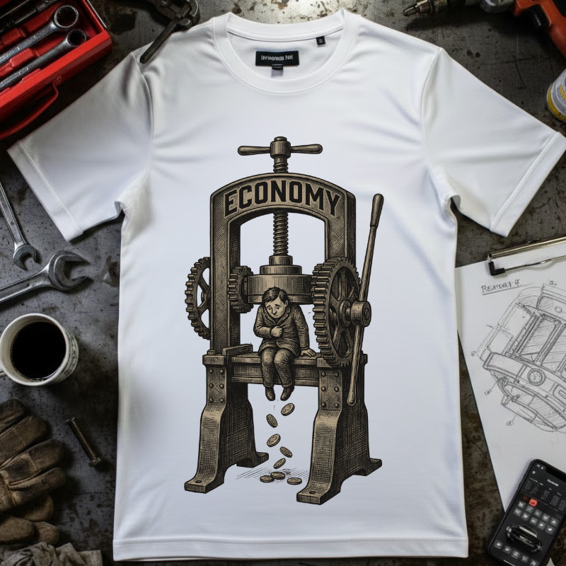Vintage "ECONOMY" Press T-Shirt | Retro Industrial Satire Graphic Tee | Hand-Drawn Woodcut Style Socio-Economic Statement Shirt
