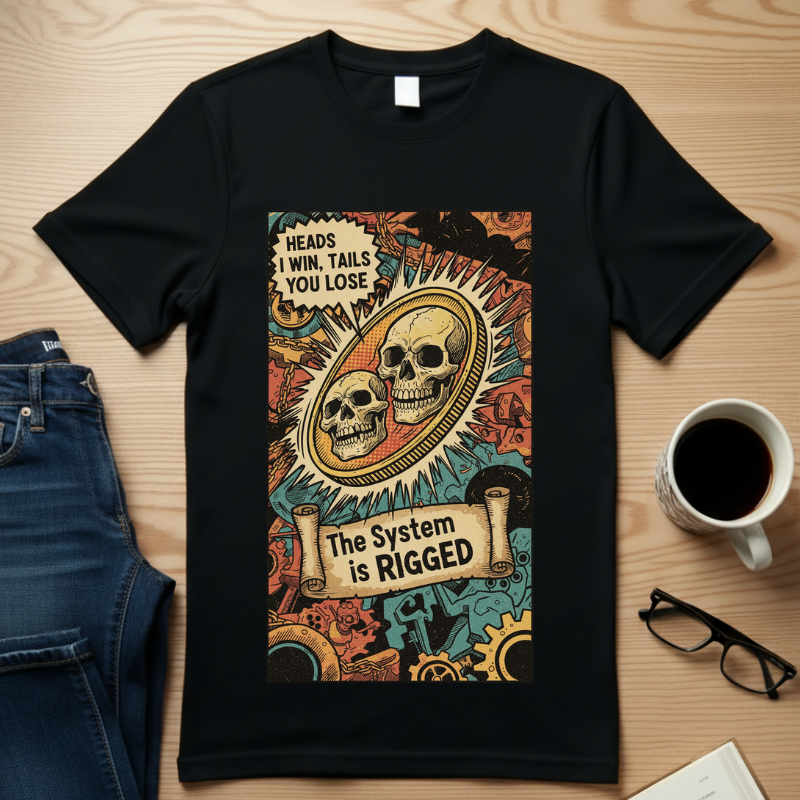The System Is Rigged T-Shirt - Vintage Satirical Skull Coin Graphic - Dark Humor Chess Knight Pawn Tee - Retro Propaganda Streetwear