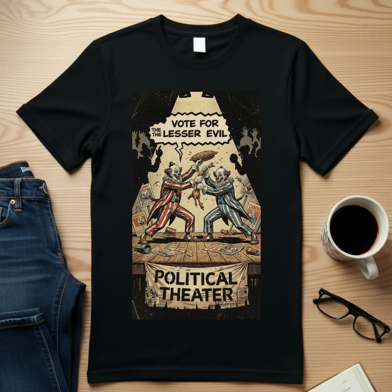 Political Theater Vintage Shirt | Vote For The Lesser Evil Satirical Tee | Retro Comic Style Political Gift | Unisex Garment-Dyed T-Shirt