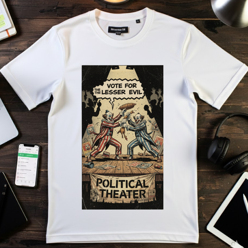 Political Theater Vintage Shirt | Vote For The Lesser Evil Satirical Tee | Retro Comic Style Political Gift | Unisex Garment-Dyed T-Shirt