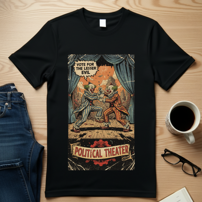 Political Theater Shirt - Vote For The Lesser Evil Tee - Vintage Comic Satire T-Shirt - Sarcastic Political Gift - Retro Clown Graphic Tee