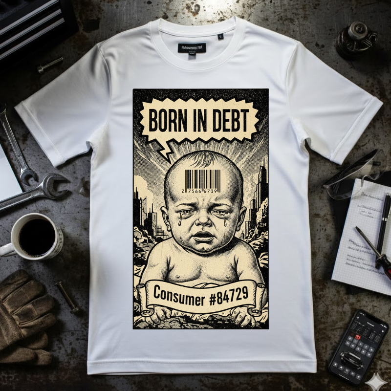 Born in Debt Shirt - Consumer Culture Satire T-Shirt - Financial Debt Awareness Tee - Vintage Comic Graphic - Sarcastic Social Commentary Gift