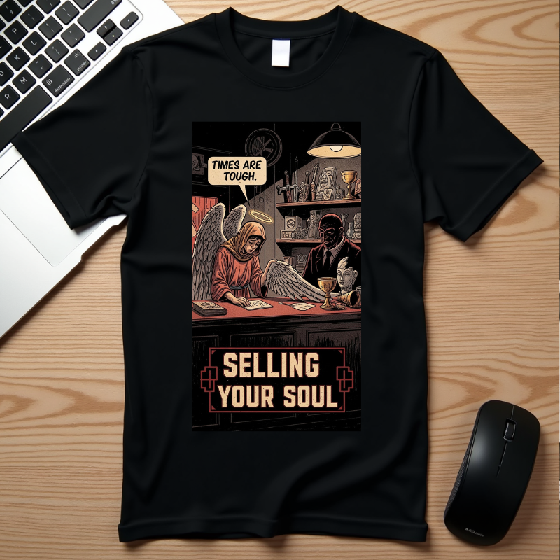 Selling Your Soul Shirt - Vintage Pawn Shop Satire Tee - Angel Social Commentary T-Shirt - Dark Humor Philosophy Gift - Retro Comic Graphic Apparel