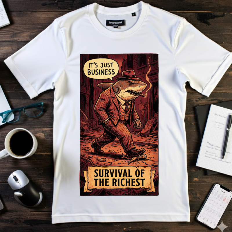 Survival of the Richest Vintage Comic Shirt | Retro Business Shark Satire Tee | Dark Humor Corporate Streetwear