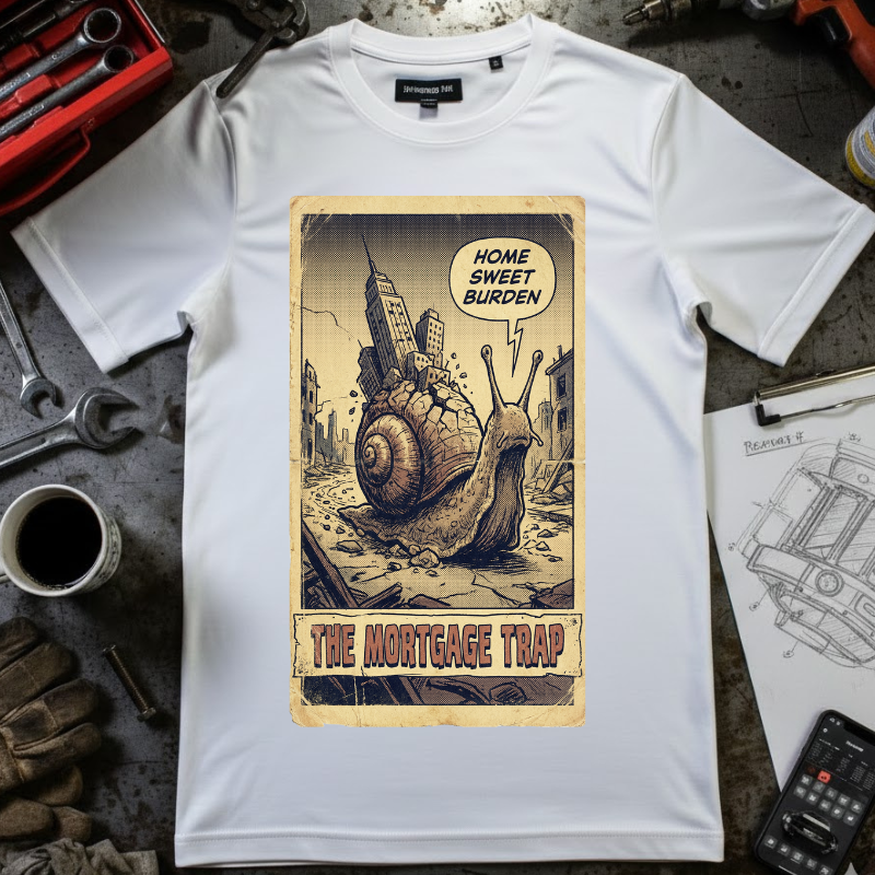 The Mortgage Trap T-Shirt - Funny Sarcastic Homeowner Shirt - Vintage Comic Style Social Satire Tee - Home Sweet Burden Real Estate Gift