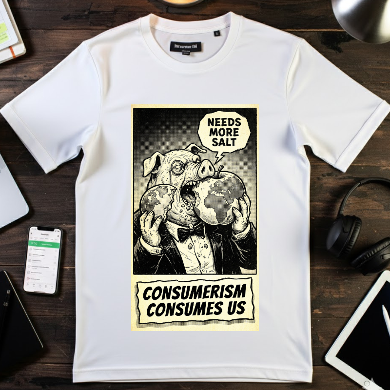 Consumerism Consumes Us T-Shirt | Vintage Satire Corporate Pig Graphic Tee | Anti-Capitalism Activist Apparel