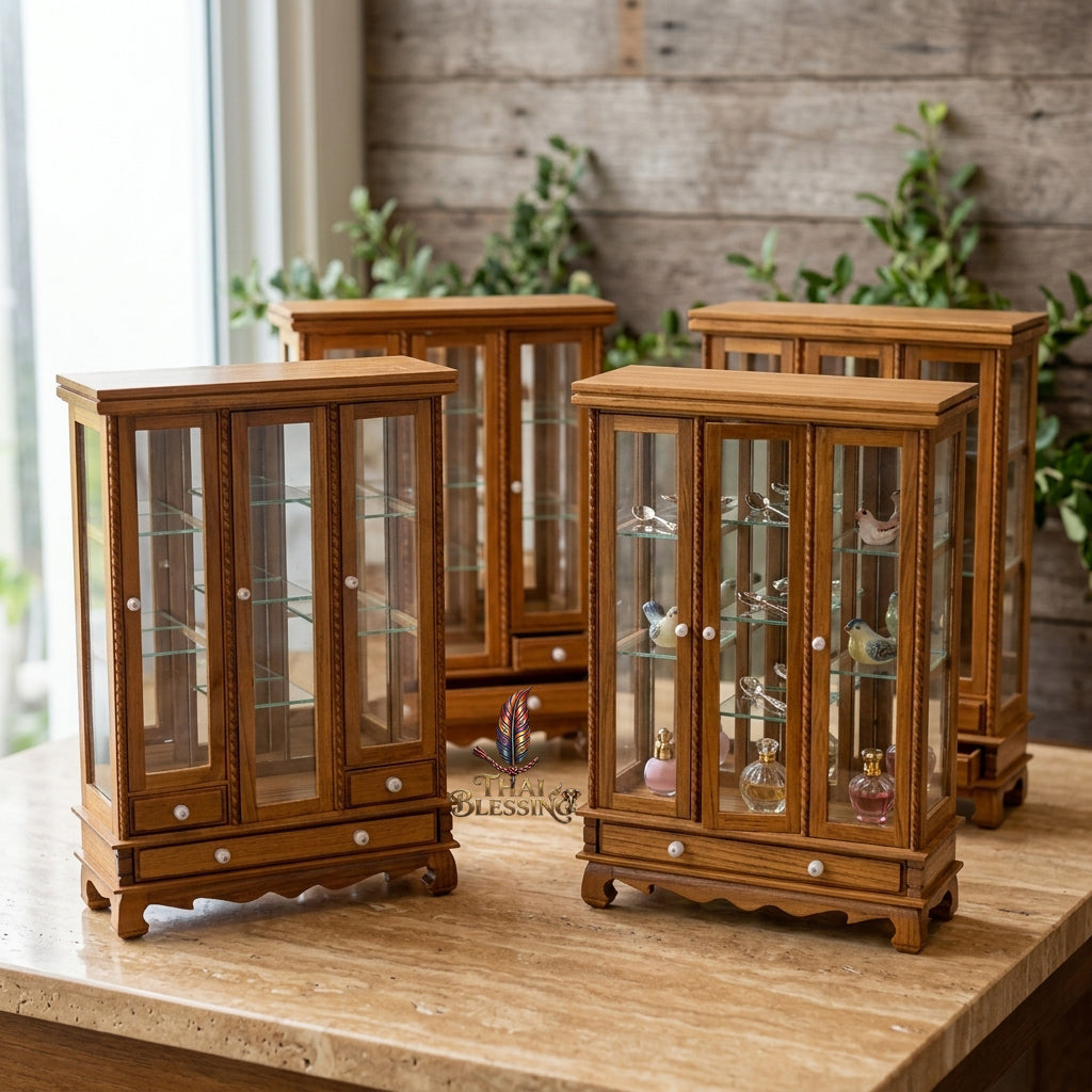 🔱 Handcrafted Miniature Antique Triple-Door Golden Teakwood Thai Pattern Showcase: Symmetrical 3-Door System – Clear Crystal Glass Paneling – Functional Base Drawers – Premium Insect-Resistant Solid Teak Masterpiece!