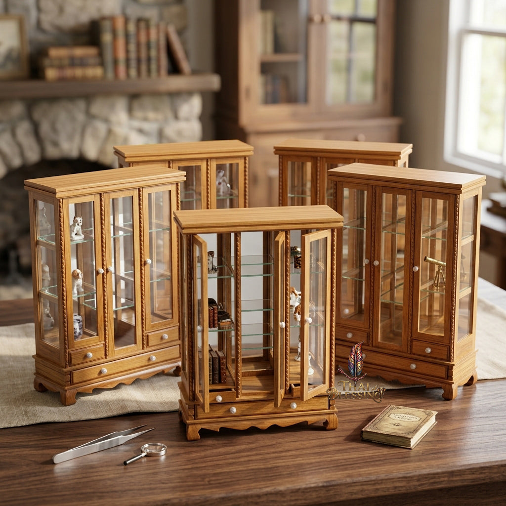 🔱 Handcrafted Miniature Antique Triple-Door Golden Teakwood Thai Pattern Showcase: Symmetrical 3-Door System – Clear Crystal Glass Paneling – Functional Base Drawers – Premium Insect-Resistant Solid Teak Masterpiece!