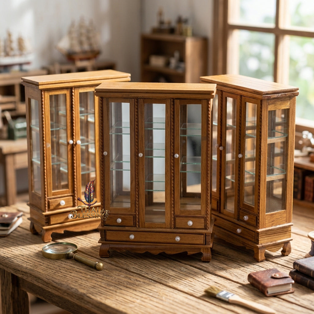🔱 Handcrafted Miniature Antique Triple-Door Golden Teakwood Thai Pattern Showcase: Symmetrical 3-Door System – Clear Crystal Glass Paneling – Functional Base Drawers – Premium Insect-Resistant Solid Teak Masterpiece!