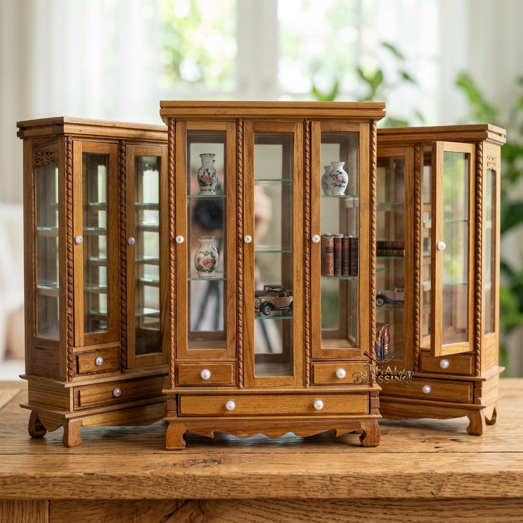 🔱 Handcrafted Miniature Antique Triple-Door Golden Teakwood Thai Pattern Showcase: Symmetrical 3-Door System – Clear Crystal Glass Paneling – Functional Base Drawers – Premium Insect-Resistant Solid Teak Masterpiece!