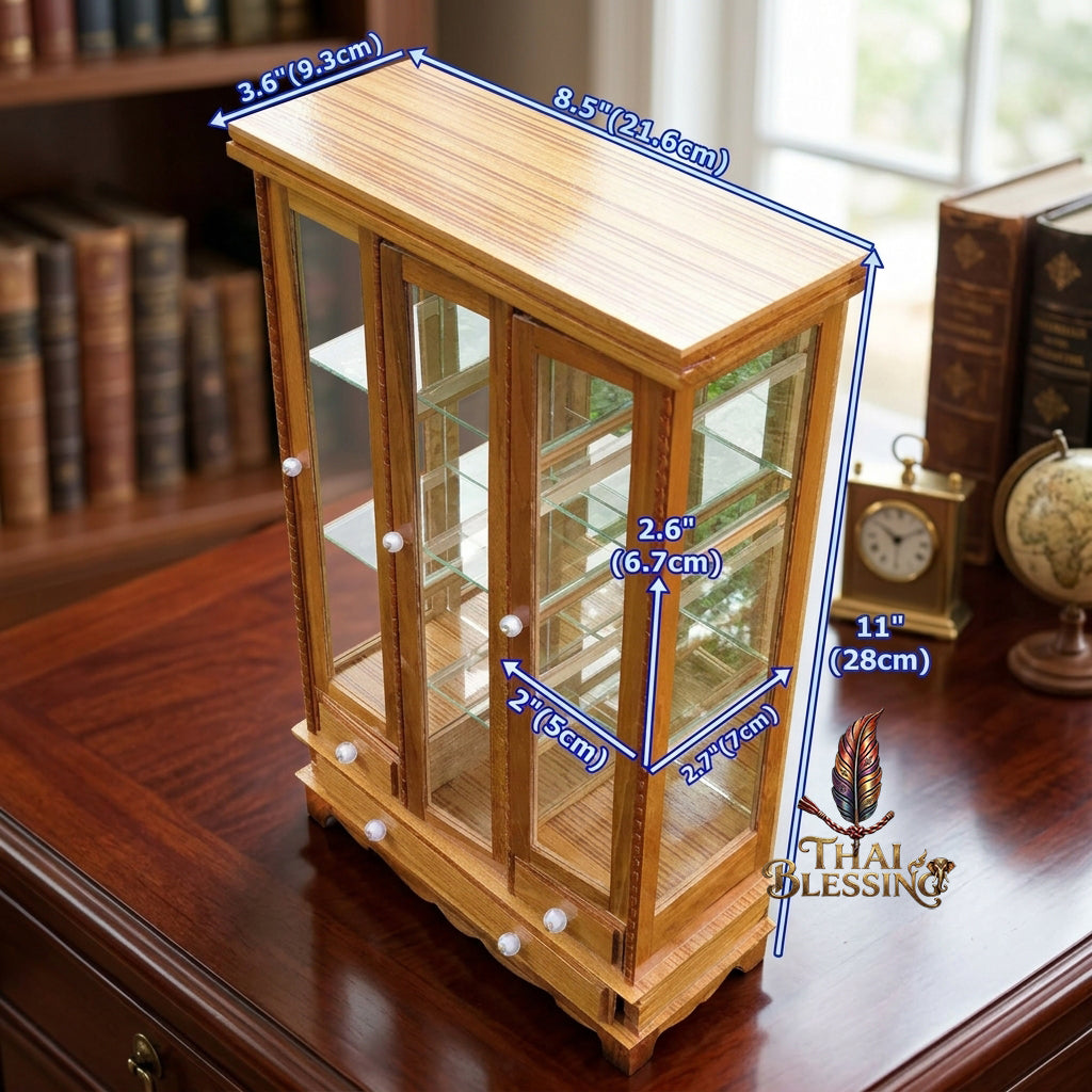 🔱 Handcrafted Miniature Antique Triple-Door Golden Teakwood Thai Pattern Showcase: Symmetrical 3-Door System – Clear Crystal Glass Paneling – Functional Base Drawers – Premium Insect-Resistant Solid Teak Masterpiece!