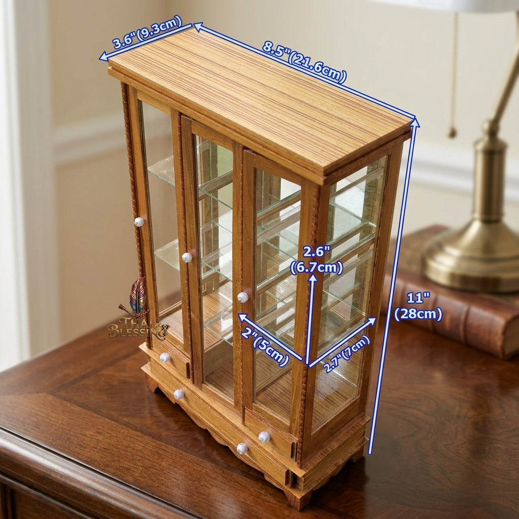 🔱 Handcrafted Miniature Antique Triple-Door Golden Teakwood Thai Pattern Showcase: Symmetrical 3-Door System – Clear Crystal Glass Paneling – Functional Base Drawers – Premium Insect-Resistant Solid Teak Masterpiece!