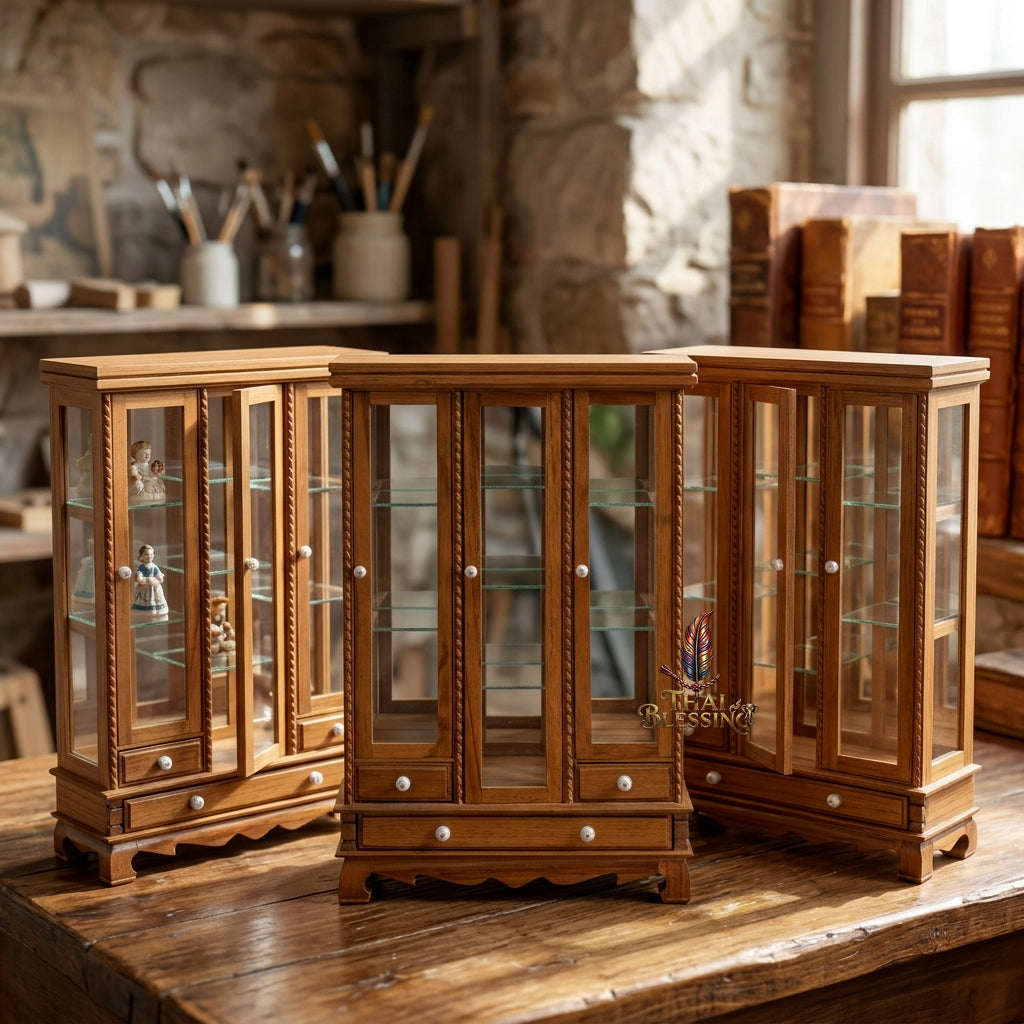 🔱 Handcrafted Miniature Antique Triple-Door Golden Teakwood Thai Pattern Showcase: Symmetrical 3-Door System – Clear Crystal Glass Paneling – Functional Base Drawers – Premium Insect-Resistant Solid Teak Masterpiece!